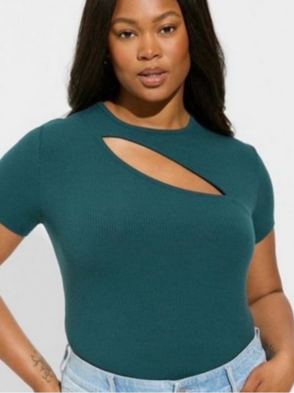 torrid Teal Ribbed Short Sleeve Top with Diagonal Cutout